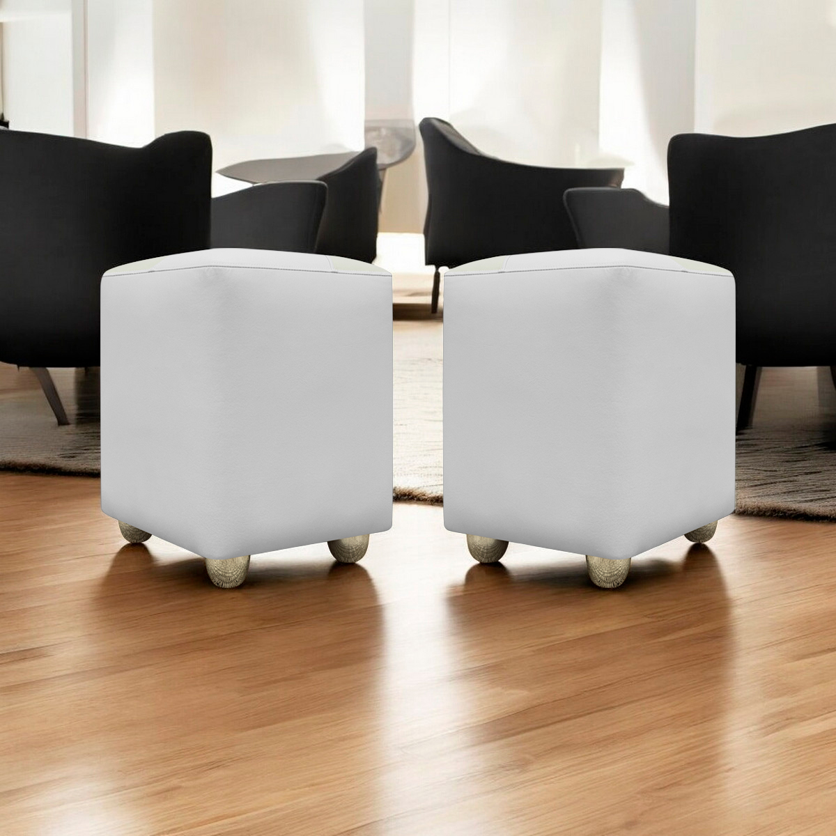 Kit 2 Puffs Decorativos Quadrados Para Sala Penteadeira Urban Tecido Corino Branco e Bege