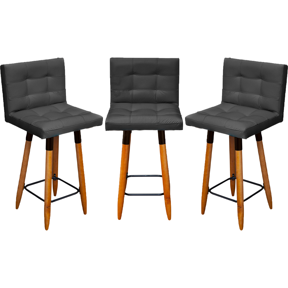 Kit 3 Banquetas Grace Alta Para Areá Gourmet Corino Preto Pé Castanho - Clique E Decore