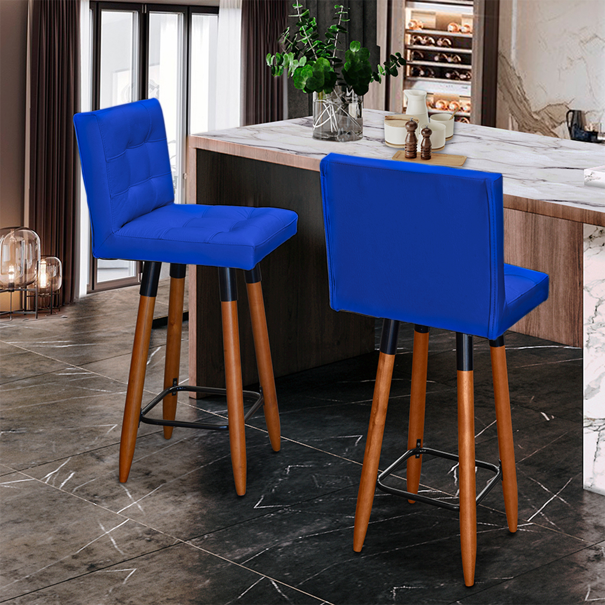 Kit 3 Banquetas Grace Alta Para Areá Gourmet E Balcão Área Gourmet corino Azul Royal Pé Castanho - Clique E Decore