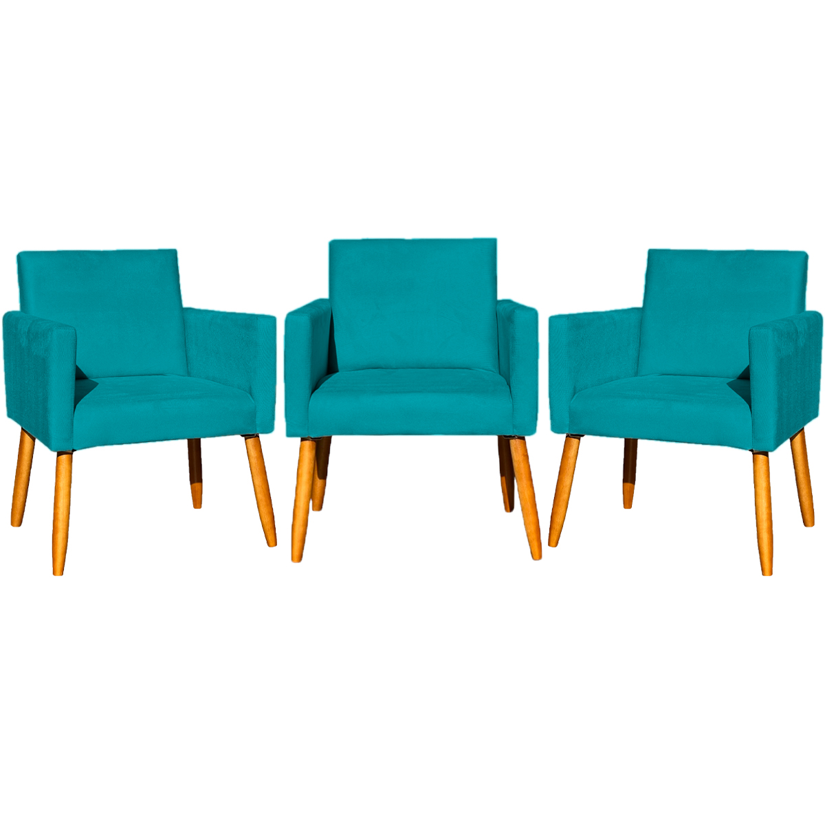 Kit 3 Poltronas Decorativa Para Sala Manicure Consultório Escritório Cadeira Nina Suede Azul Turquesa