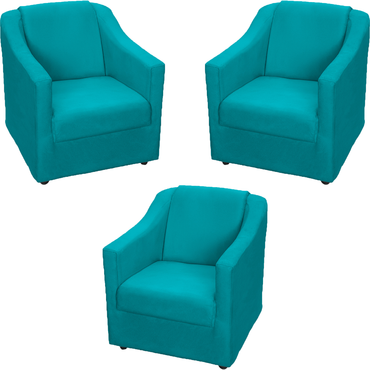 Kit 3 Poltronas Decorativa Para Sala Recepção Manicure Consultório Mila Suede Azul Turquesa Pés De Plástico Cromado