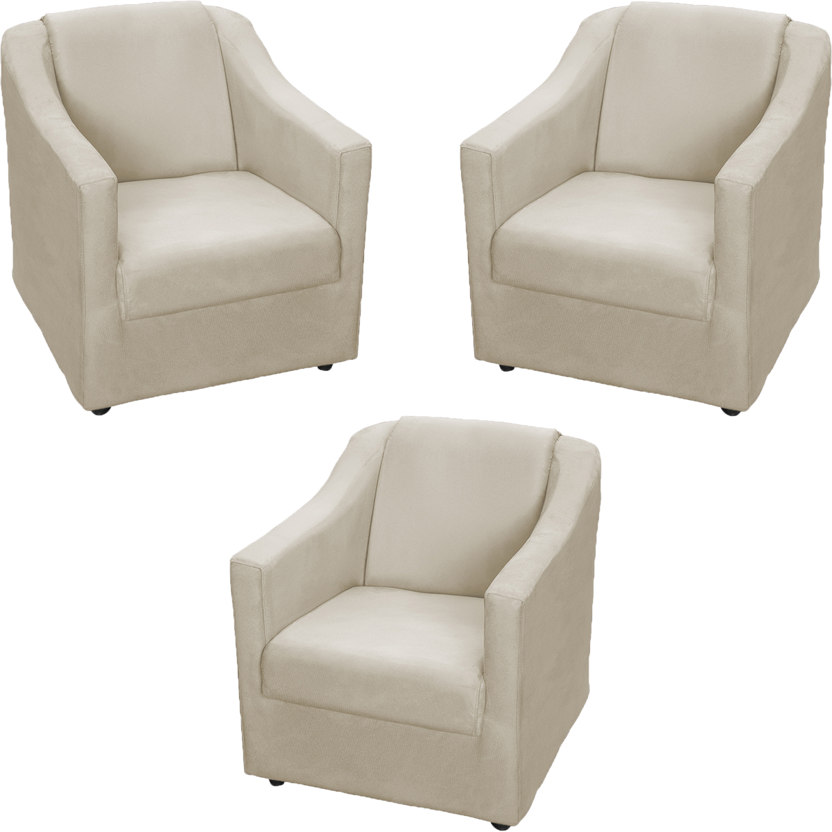 Kit 3 Poltronas Decorativa Para Sala Recepção Manicure Consultório Mila Suede Bege Pés De Plástico Cromado