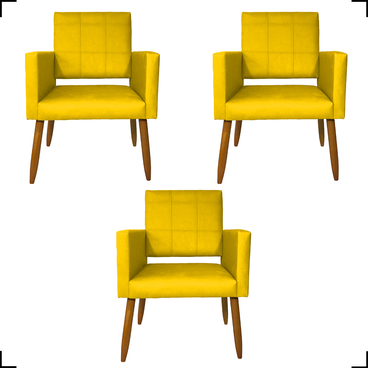Kit 3 Poltronas Decorativas Confortáveis Para Sala Isa Suede Amarelo Pé Castanho - Clique E Decore