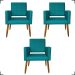 Kit 3 Poltronas Decorativas Confortáveis Para Sala Isa Suede Azul Turquesa Pé Castanho - Clique E Decore