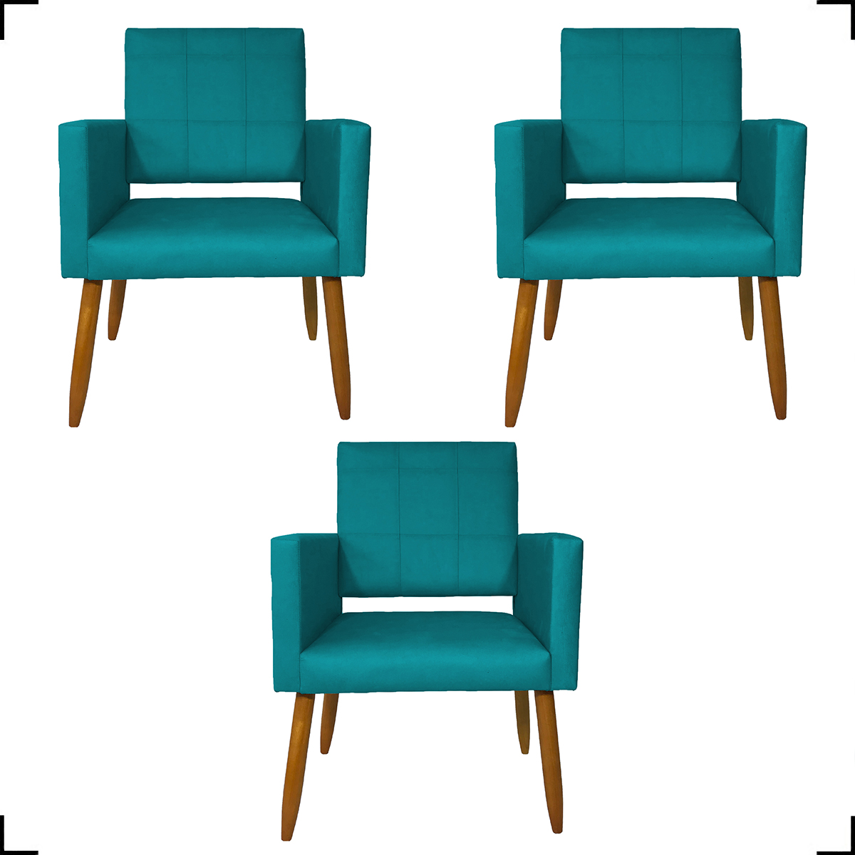Kit 3 Poltronas Decorativas Confortáveis Para Sala Isa Suede Azul Turquesa Pé Castanho - Clique E Decore