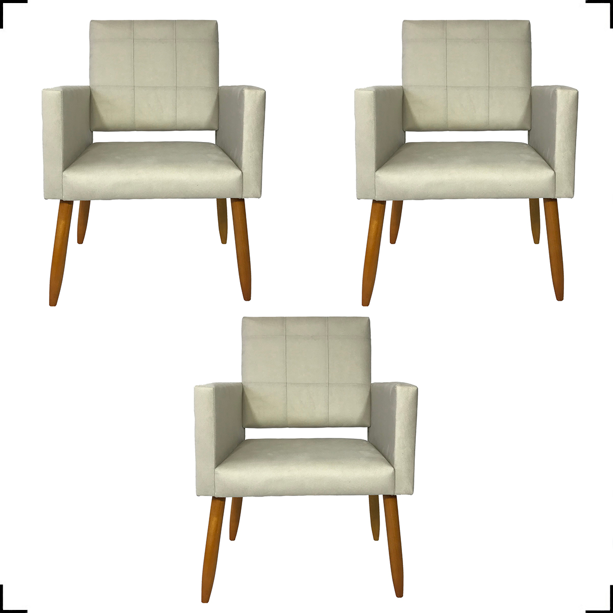 Kit 3 Poltronas Decorativas Confortáveis Para Sala Isa Suede Bege Pé Castanho - Clique E Decore