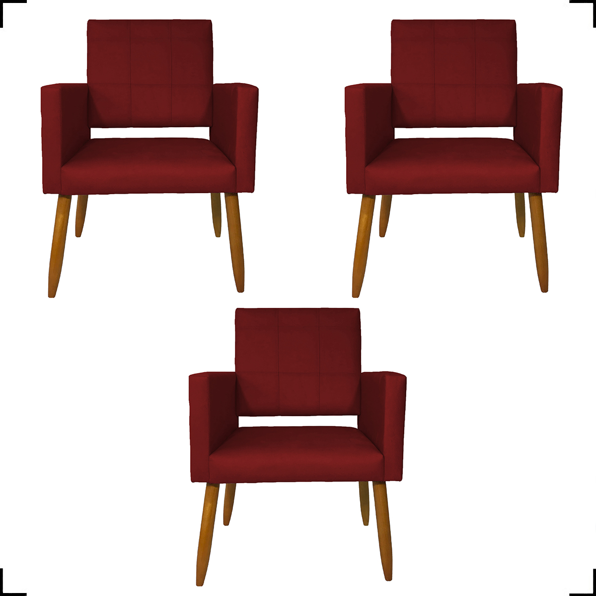 Kit 3 Poltronas Decorativas Confortáveis Para Sala Isa Suede Bordô Pé Castanho - Clique E Decore