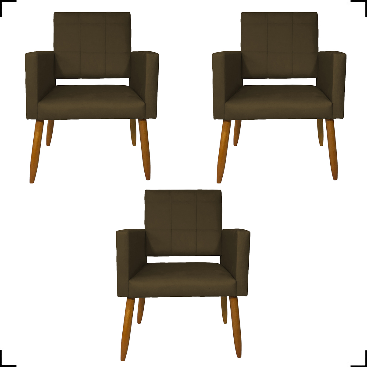 Kit 3 Poltronas Decorativas Confortáveis Para Sala Isa Suede Marrom Pé Castanho - Clique E Decore