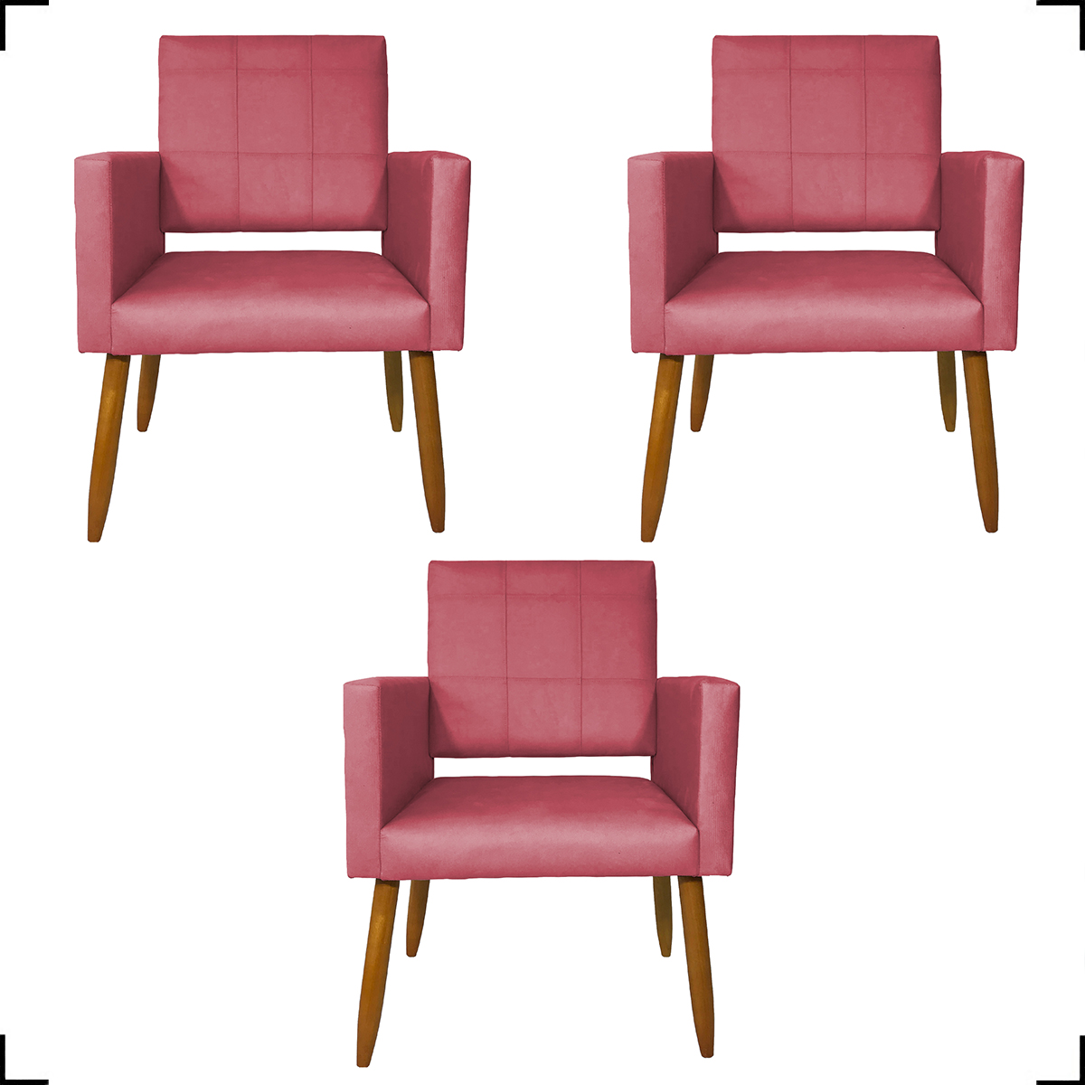 Kit 3 Poltronas Decorativas Confortáveis Para Sala Isa Suede Rosê Pé Castanho - Clique E Decore