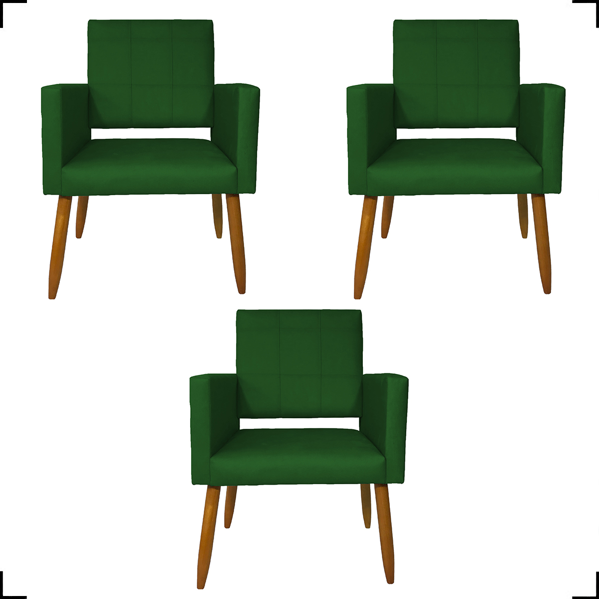 Kit 3 Poltronas Decorativas Confortáveis Para Sala Isa Suede Verde Pé Castanho - Clique E Decore