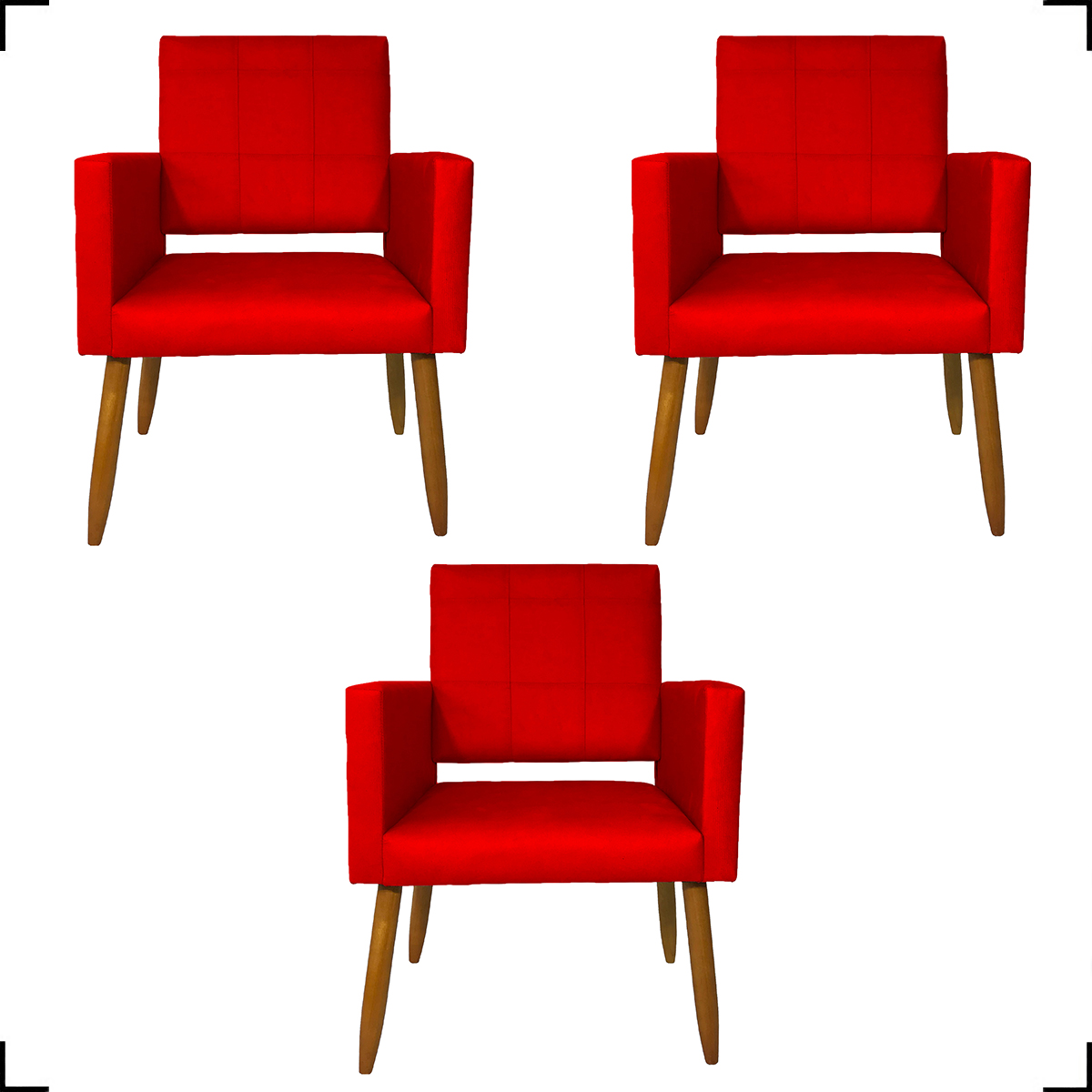 Kit 3 Poltronas Decorativas Confortáveis Para Sala Isa Suede Vermelho Pé Castanho - Clique E Decore