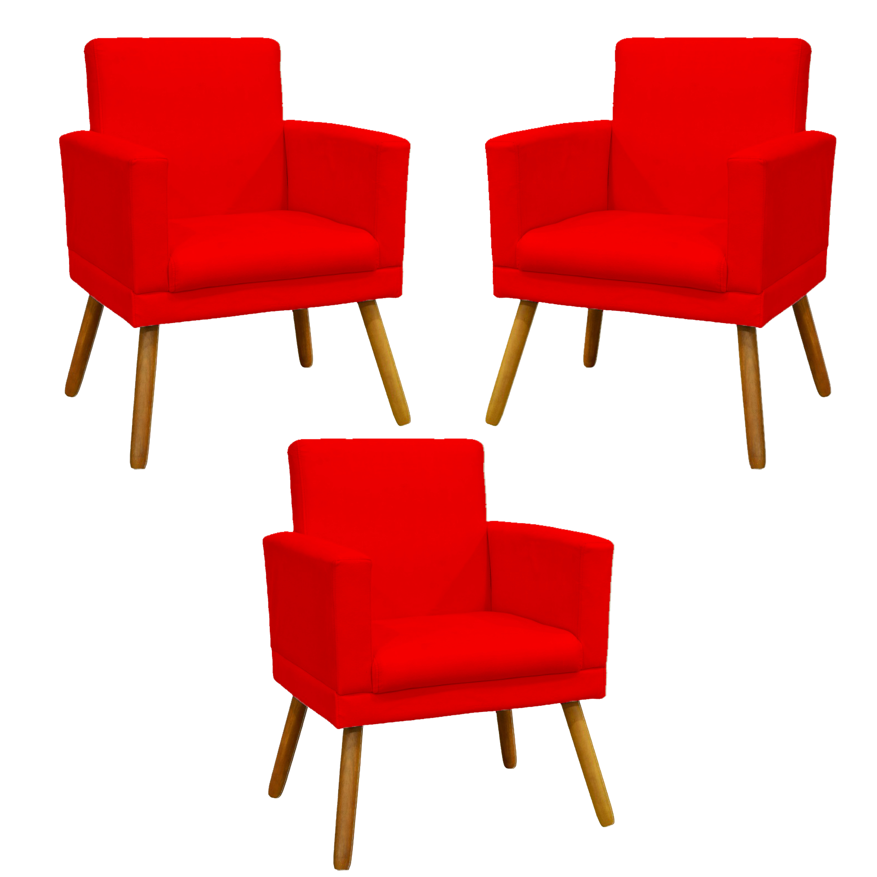 Kit 3 Poltronas Decorativas Para Sala Nina, Manicure, Quarto Com Base Suede Vermelho Pé Castanho - Clique E Decore