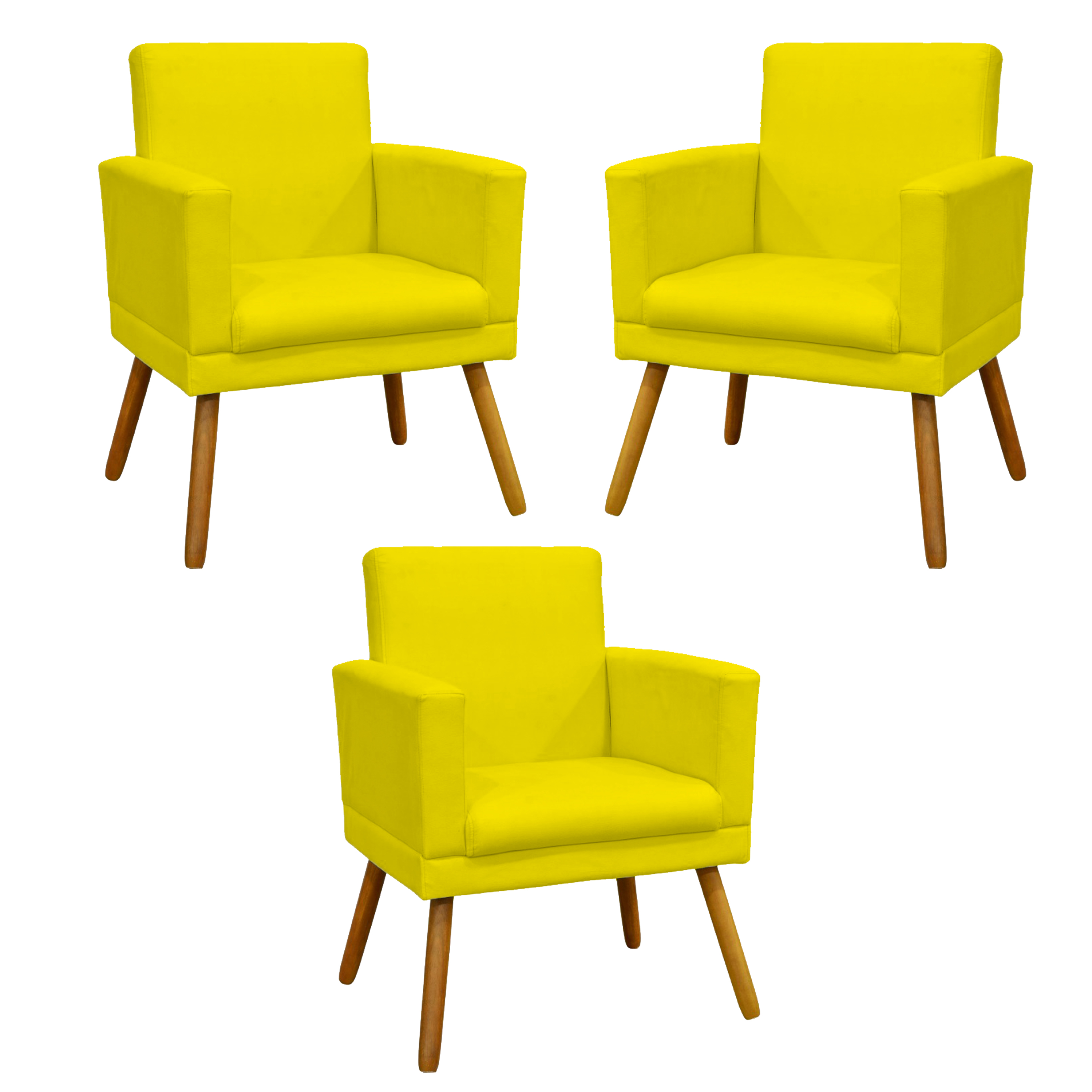 Kit 3 Poltronas Decorativas Para Sala, Manicure, Quarto Nina Com Base Suede Amarelo Pé Castanho - Clique E Decore