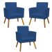 Kit 3 Poltronas Decorativas Para Sala, Manicure, Quarto Nina Com Base Suede Azul Marinho Pé Castanho - Clique E Decore