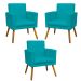 Kit 3 Poltronas Decorativas Para Sala, Manicure, Quarto Nina Com Base Suede Azul Turquesa Pé Castanho - Clique E Decore