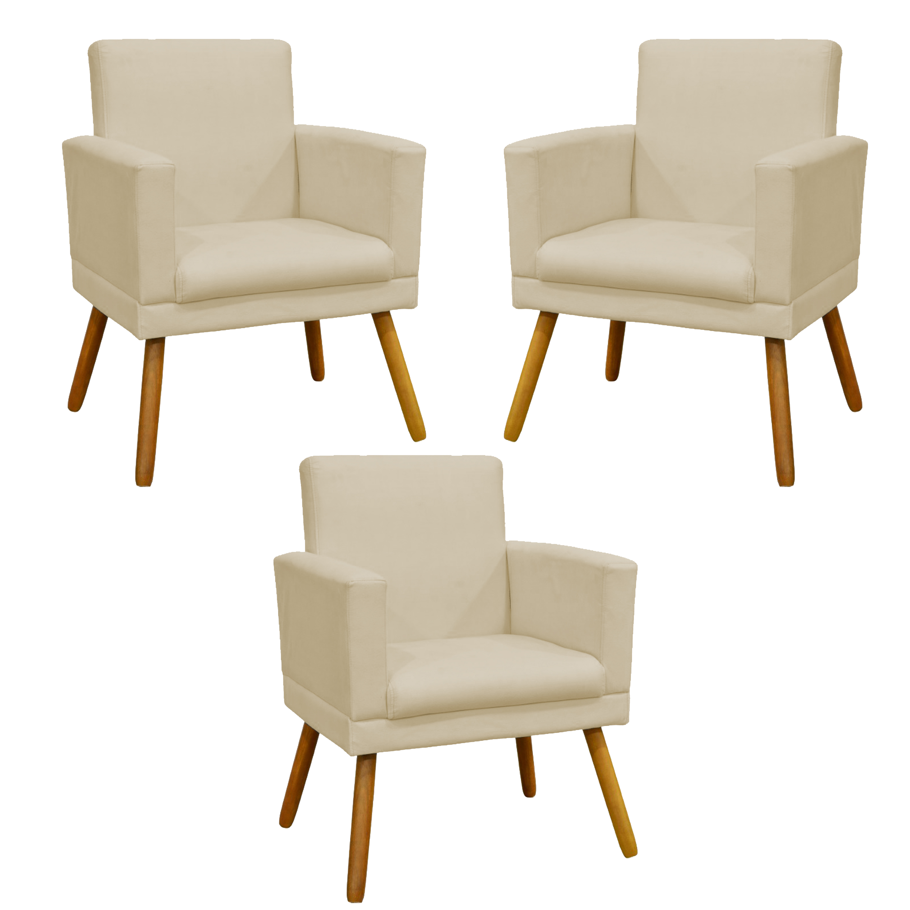 Kit 3 Poltronas Decorativas Para Sala, Manicure, Quarto Nina Com Base Suede Bege Pé Castanho - Clique E Decore