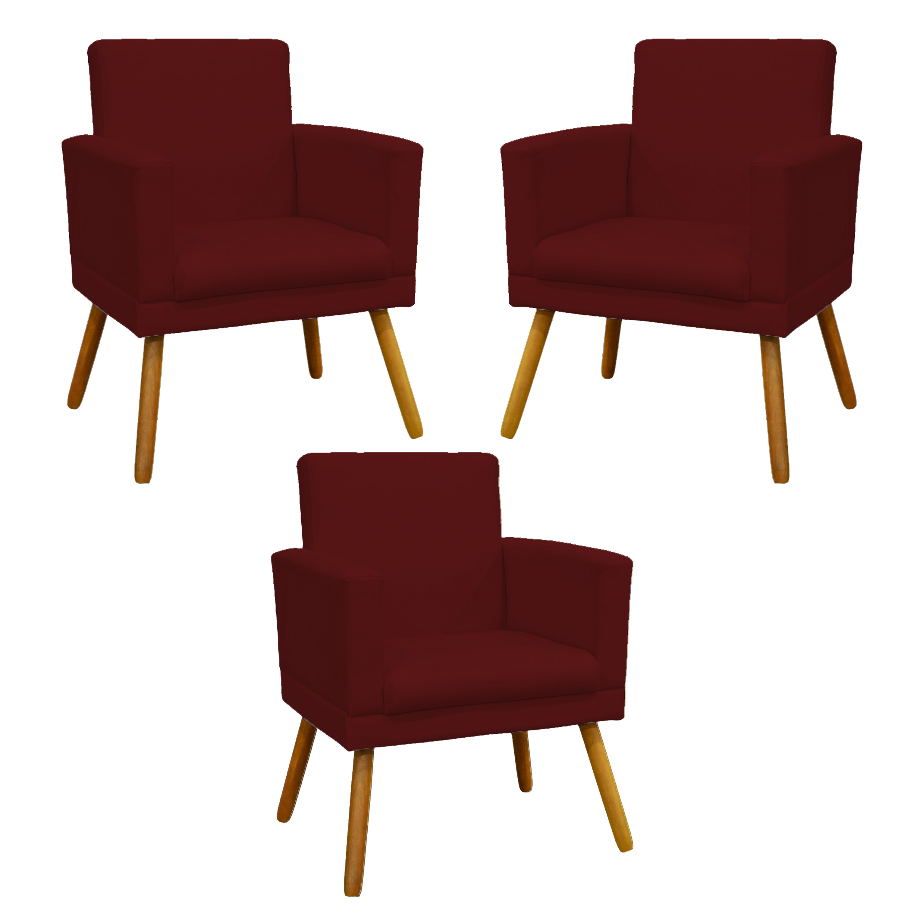 Kit 3 Poltronas Decorativas Para Sala, Manicure, Quarto Nina Com Base Suede Bordô Pé Castanho - Clique E Decore