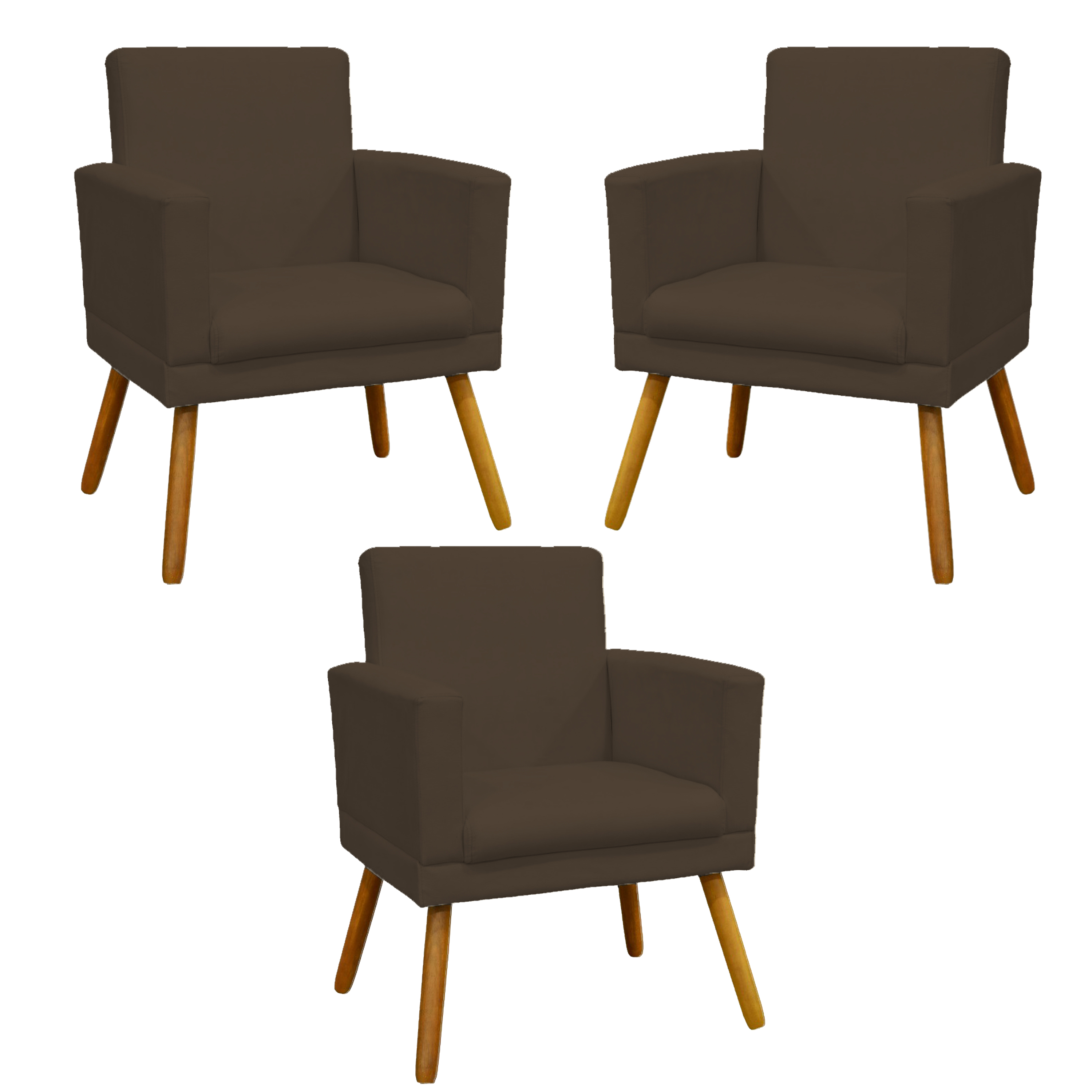 Kit 3 Poltronas Decorativas Para Sala, Manicure, Quarto Nina Com Base Suede Marrom Pé Castanho - Clique E Decore