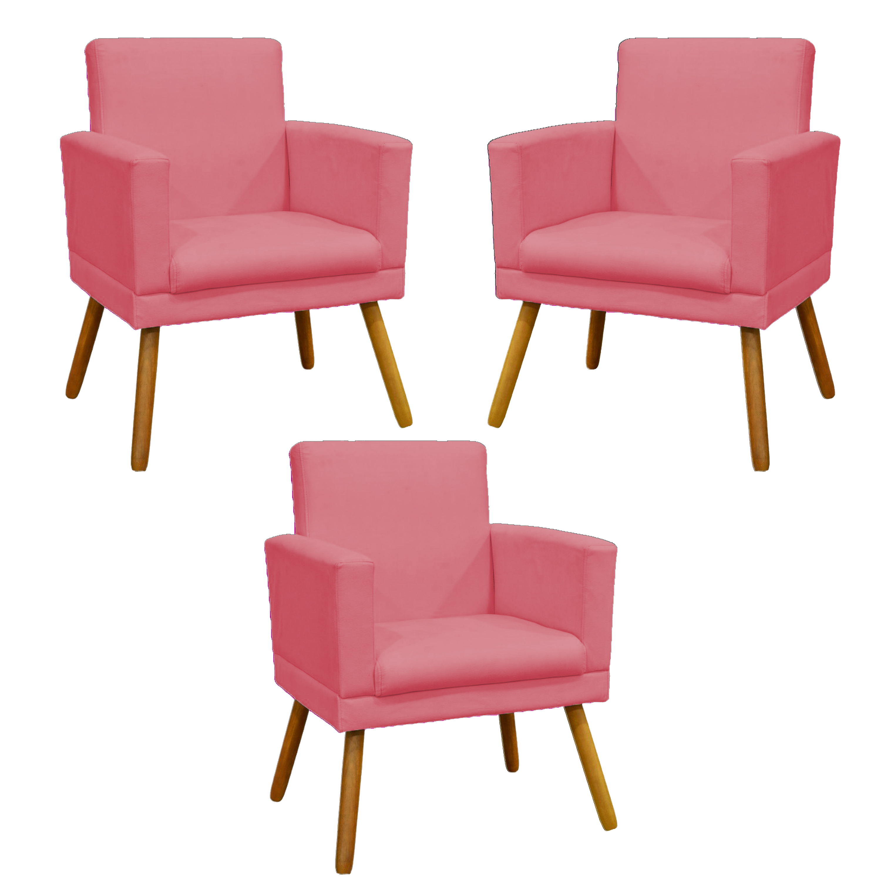Kit 3 Poltronas Decorativas Para Sala, Manicure, Quarto Nina Com Base Suede Rosê Pé Castanho - Clique E Decore