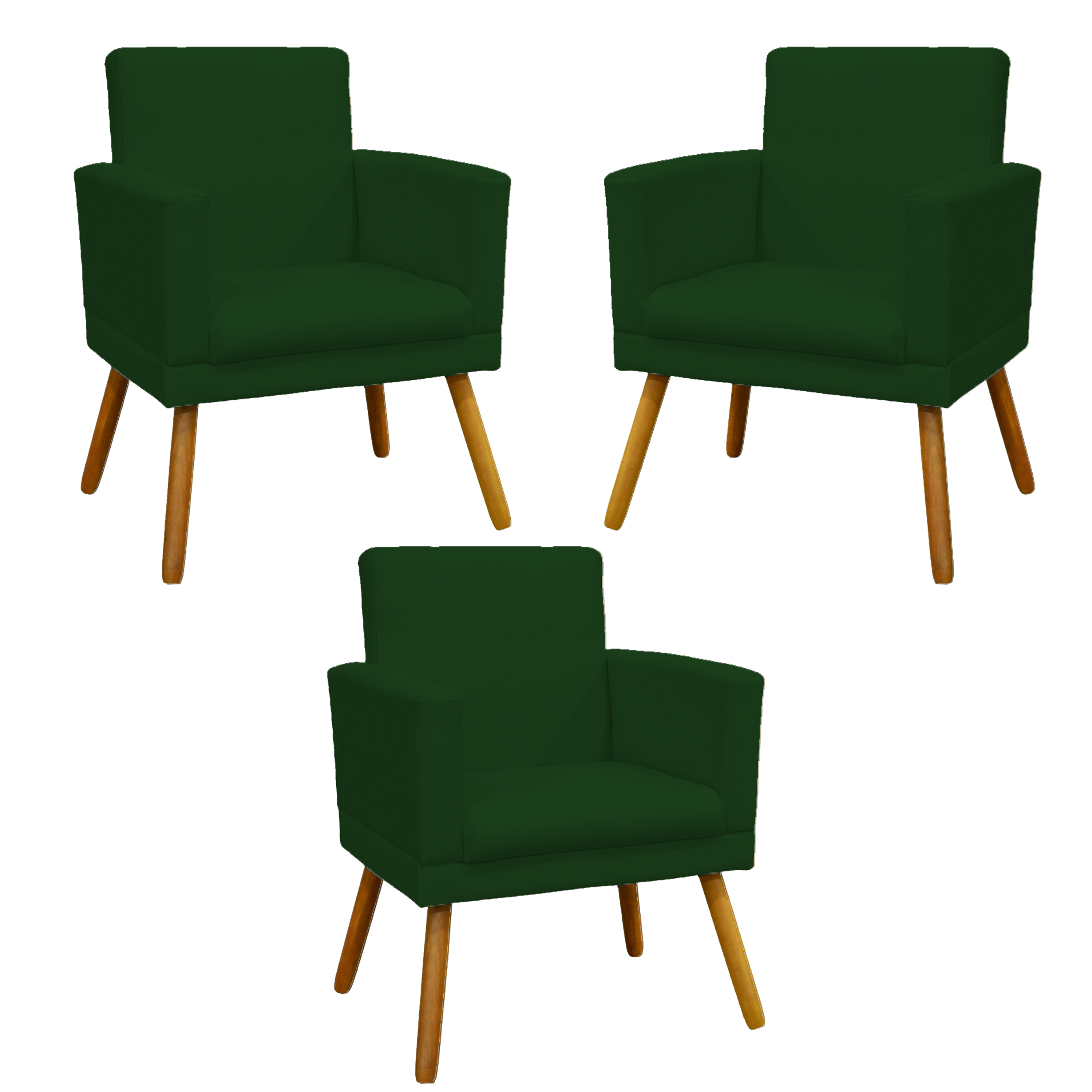 Kit 3 Poltronas Decorativas Para Sala, Manicure, Quarto Nina Com Base Suede Verde Pé Castanho - Clique E Decore