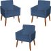 Kit 3 Poltronas Para Sala Decorativa Confortáveis Beatriz Suede Azul Marinho Pé Castanho - Clique E Decore