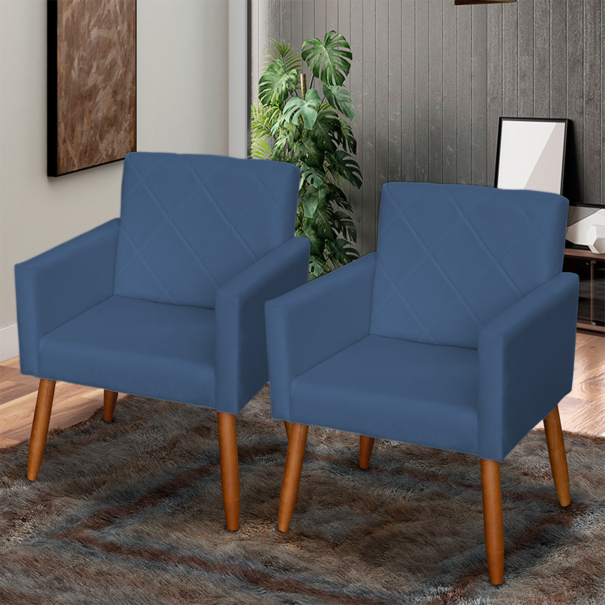 Kit 3 Poltronas Para Sala Decorativa Confortáveis Beatriz Suede Azul Marinho Pé Castanho - Clique E Decore
