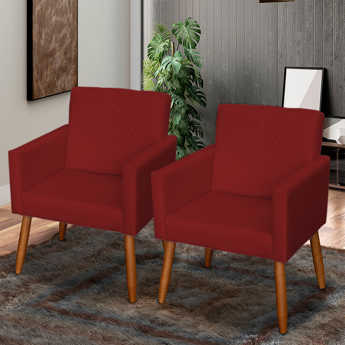 Kit 3 Poltronas Para Sala Decorativa Confortáveis Beatriz Suede Bordô Pé Castanho - Clique E Decore