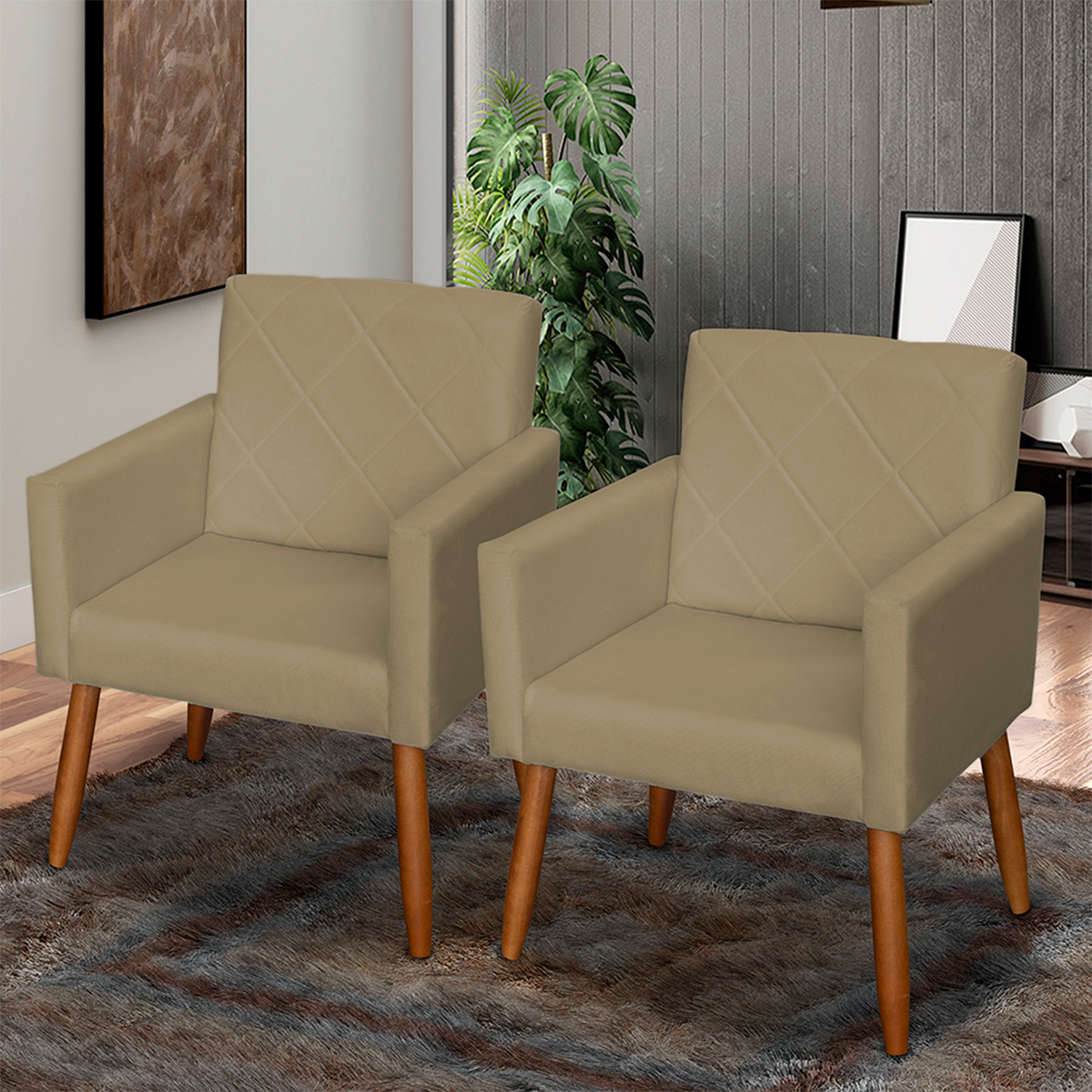 Kit 3 Poltronas Para Sala Decorativa Confortáveis Beatriz Suede Nude Pé Castanho - Clique E Decore