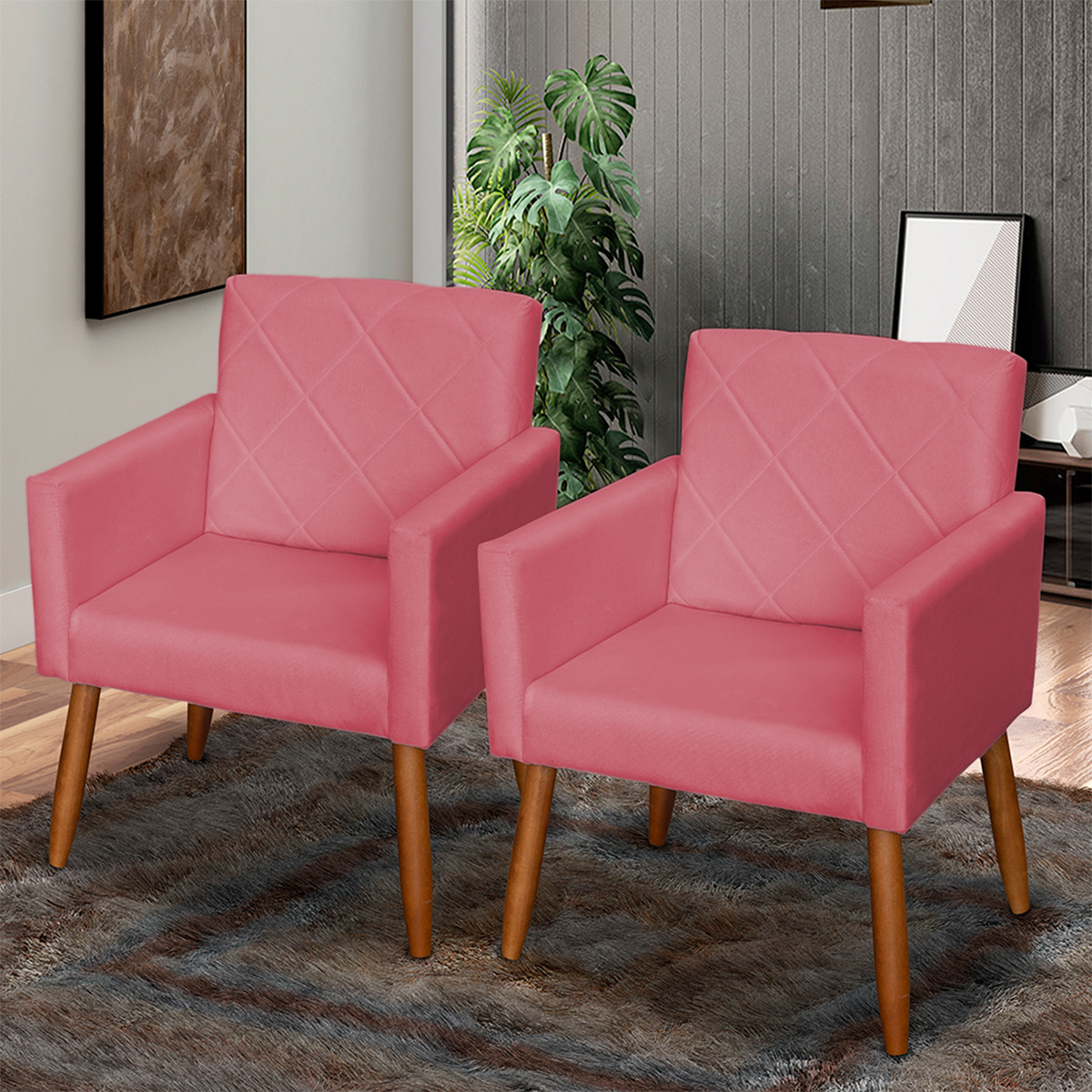 Kit 3 Poltronas Para Sala Decorativa Confortáveis Beatriz Suede Rosê Pé Castanho - Clique E Decore
