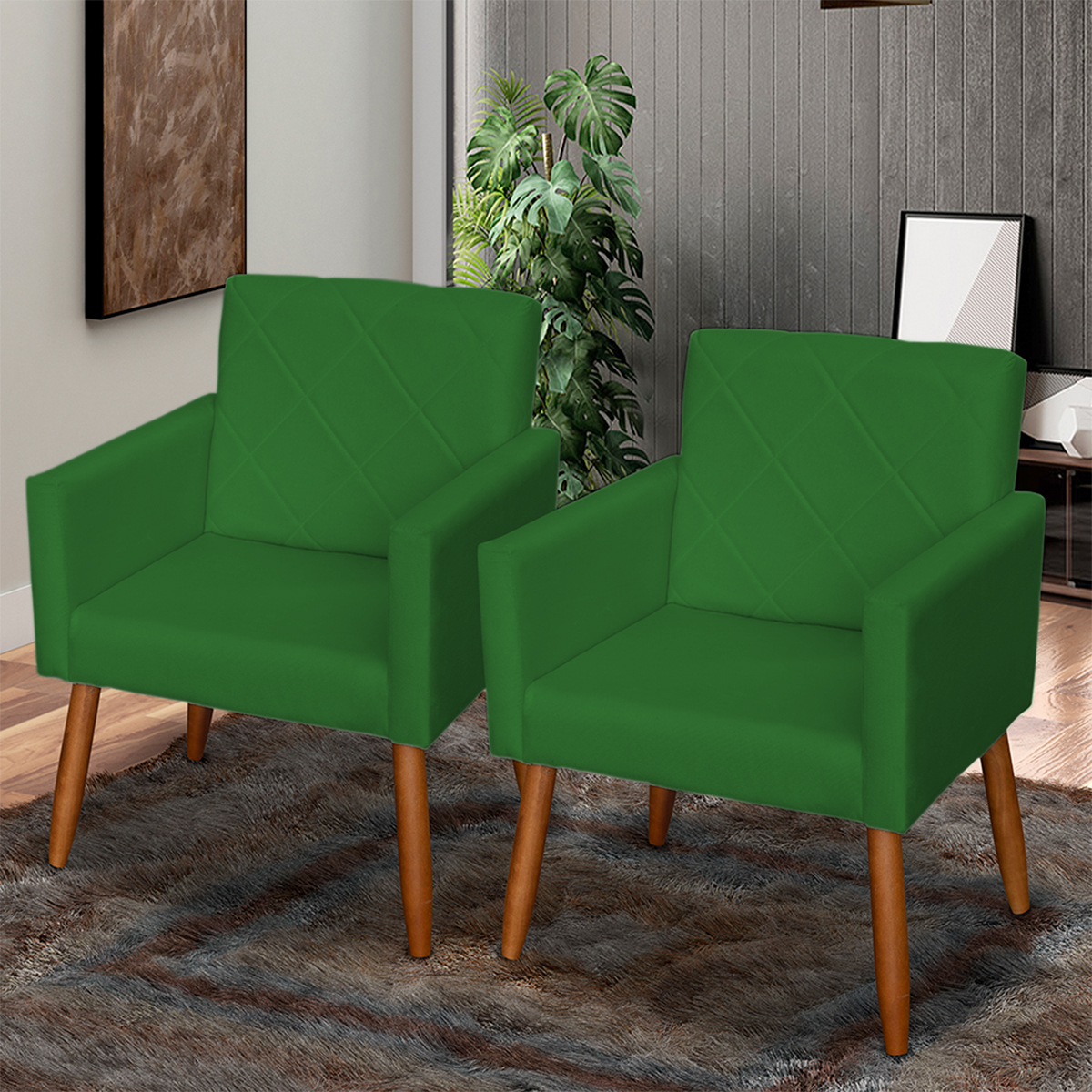 Kit 3 Poltronas Para Sala Decorativa Confortáveis Beatriz Suede Verde Pé Castanho - Clique E Decore
