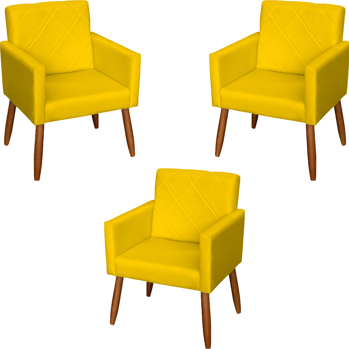 Kit 3 Poltronas Para Sala, Manicure, Quarto Decorativas Beatriz Com Base Suede Amarelo Pé Castanho - Clique E Decore