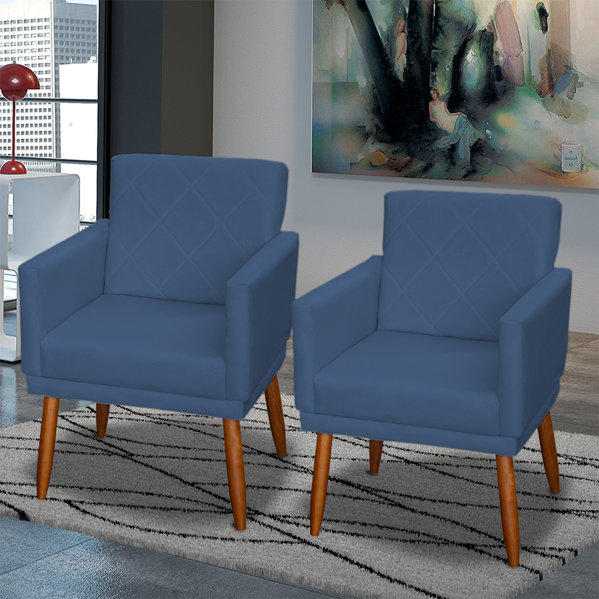 Kit 3 Poltronas Para Sala, Manicure, Quarto Decorativas Beatriz Com Base Suede Azul Marinho Pé Castanho - Clique E Decore