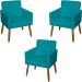 Kit 3 Poltronas Para Sala, Manicure, Quarto Decorativas Beatriz Com Base Suede Azul Turquesa Pé Castanho - Clique E Decore