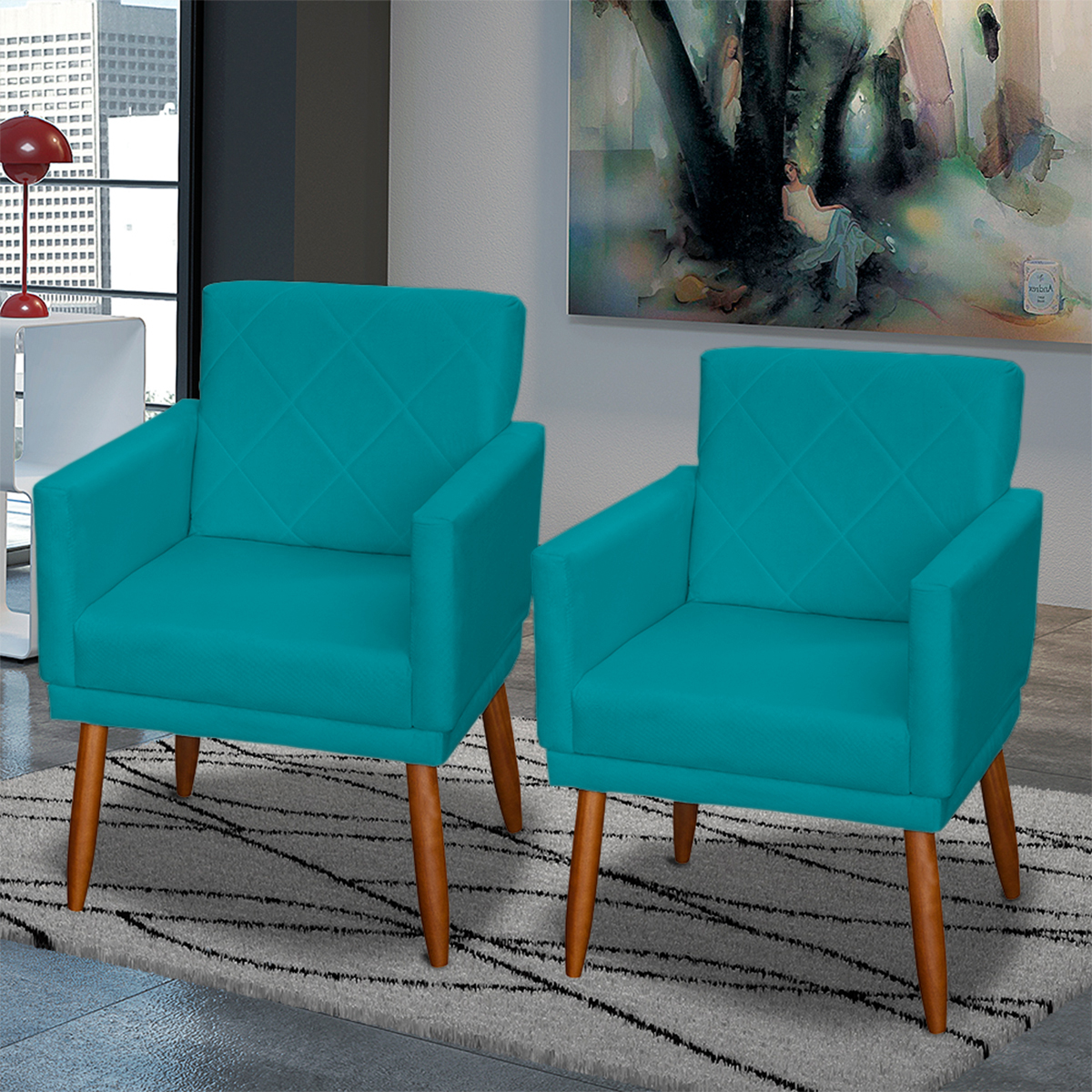 Kit 3 Poltronas Para Sala, Manicure, Quarto Decorativas Beatriz Com Base Suede Azul Turquesa Pé Castanho - Clique E Decore