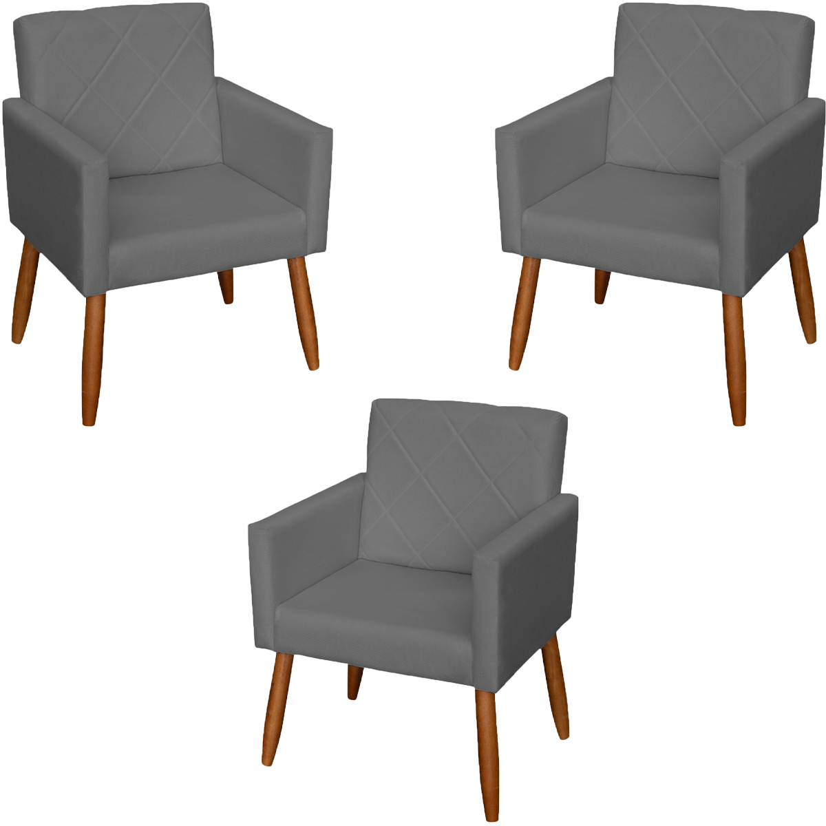 Kit 3 Poltronas Para Sala, Manicure, Quarto Decorativas Beatriz Com Base Suede Cinza Pé Castanho - Clique E Decore