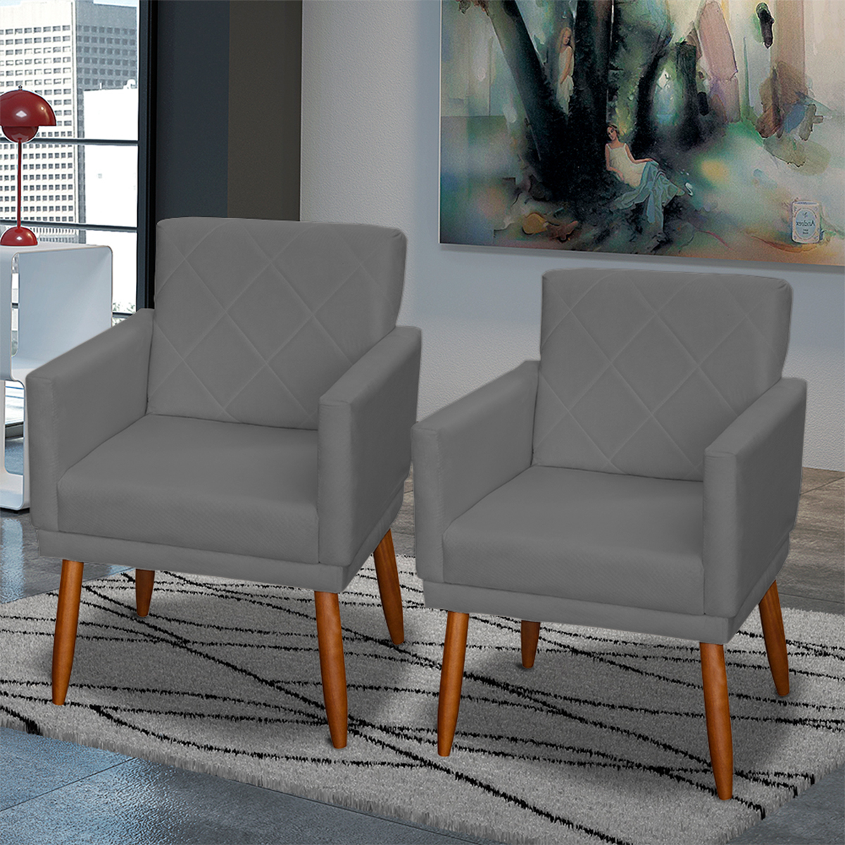 Kit 3 Poltronas Para Sala, Manicure, Quarto Decorativas Beatriz Com Base Suede Cinza Pé Castanho - Clique E Decore