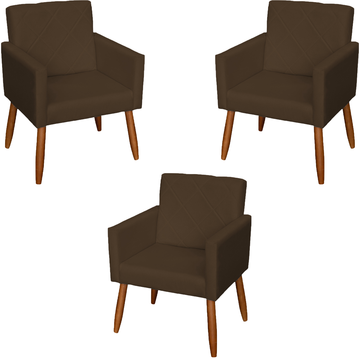 Kit 3 Poltronas Para Sala, Manicure, Quarto Decorativas Beatriz Com Base Suede Marrom Pé Castanho - Clique E Decore