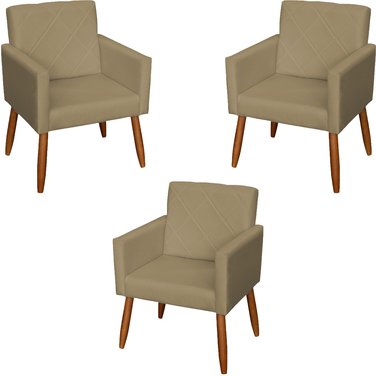 Kit 3 Poltronas Para Sala, Manicure, Quarto Decorativas Beatriz Com Base Suede Nude Pé Castanho - Clique E Decore