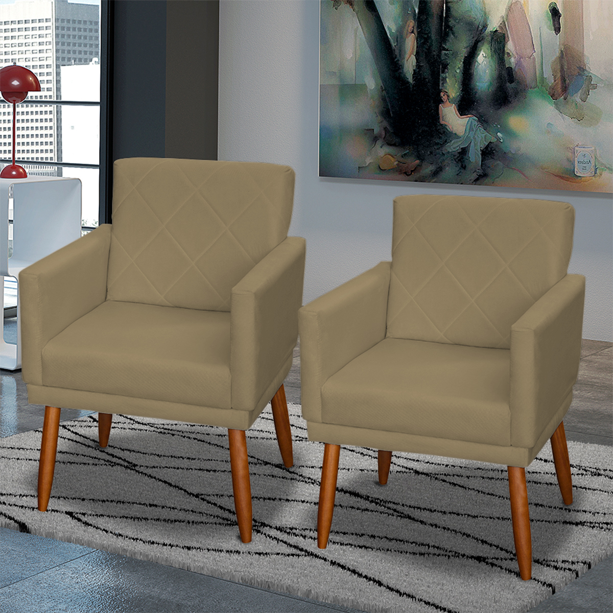 Kit 3 Poltronas Para Sala, Manicure, Quarto Decorativas Beatriz Com Base Suede Nude Pé Castanho - Clique E Decore