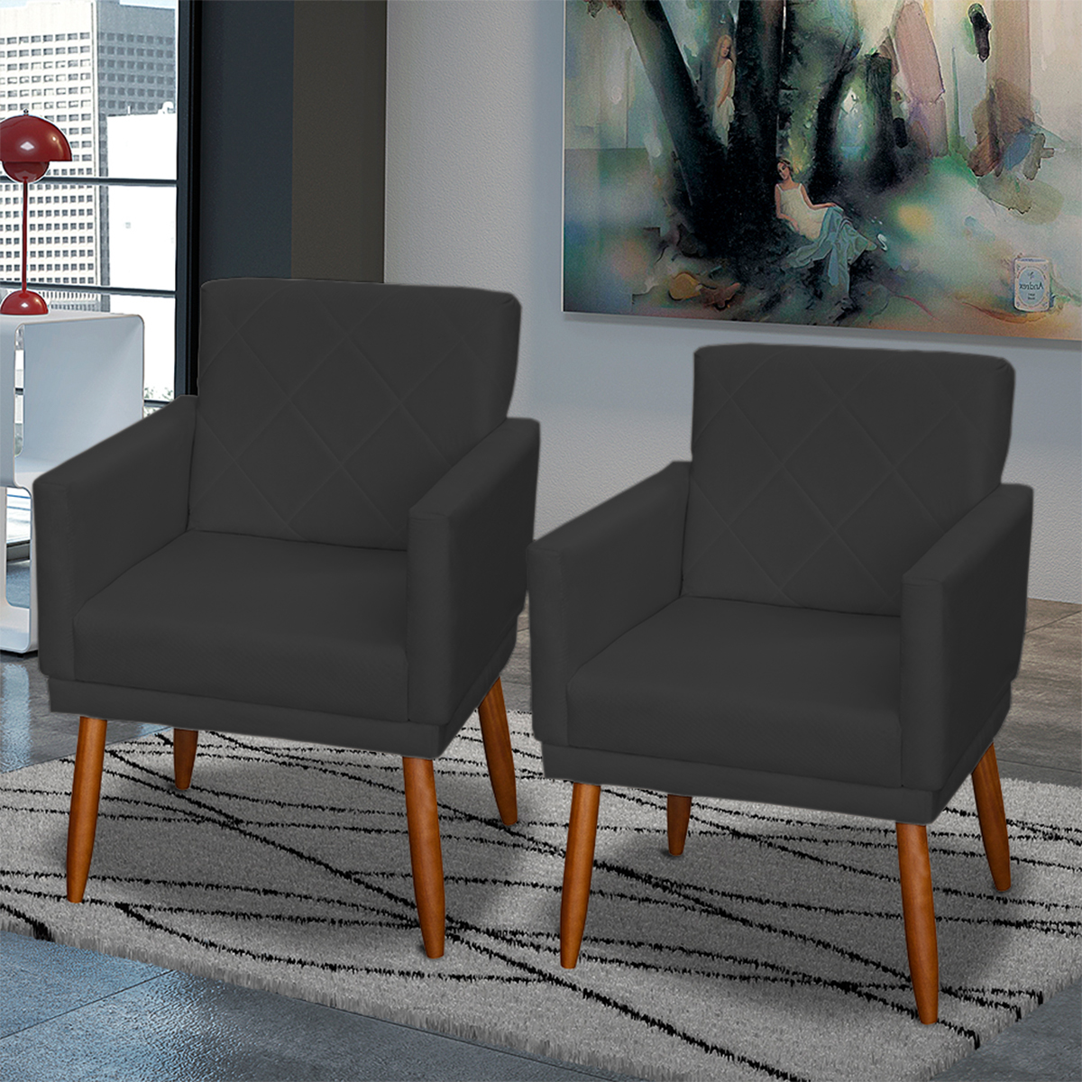 Kit 3 Poltronas Para Sala, Manicure, Quarto Decorativas Beatriz Com Base Suede Preto Pé Castanho - Clique E Decore