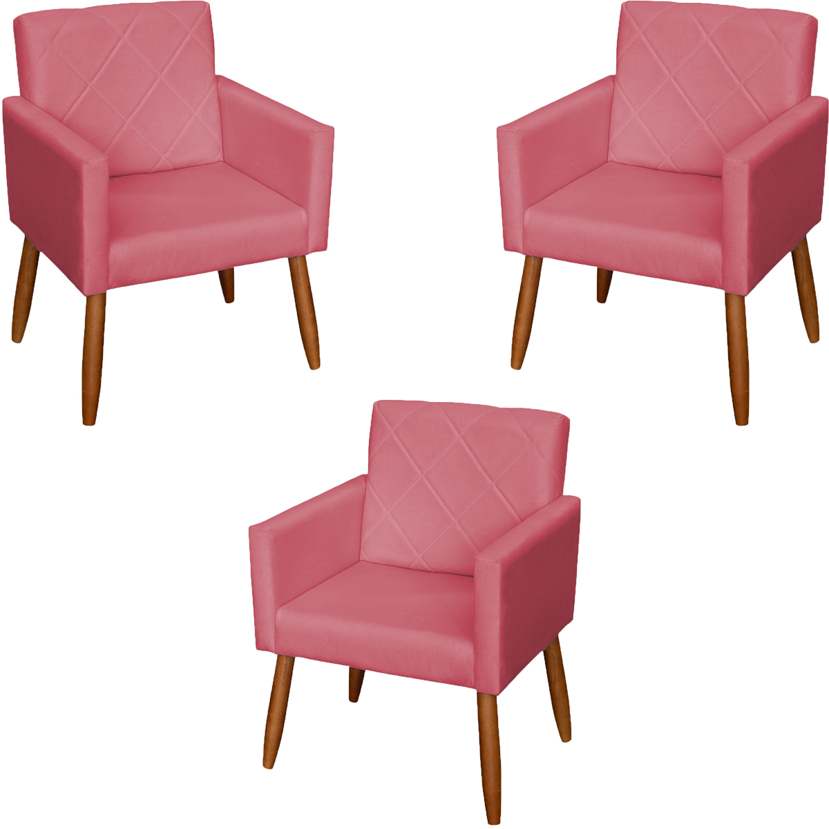 Kit 3 Poltronas Para Sala, Manicure, Quarto Decorativas Beatriz Com Base Suede Rosê Pé Castanho - Clique E Decore