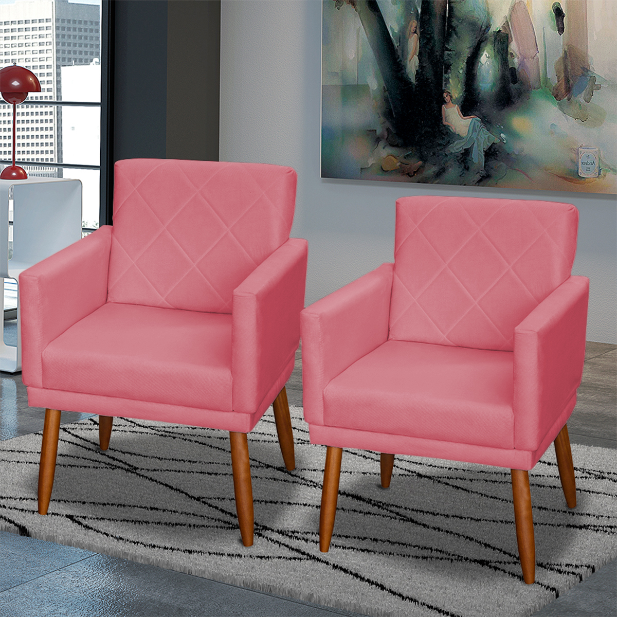 Kit 3 Poltronas Para Sala, Manicure, Quarto Decorativas Beatriz Com Base Suede Rosê Pé Castanho - Clique E Decore