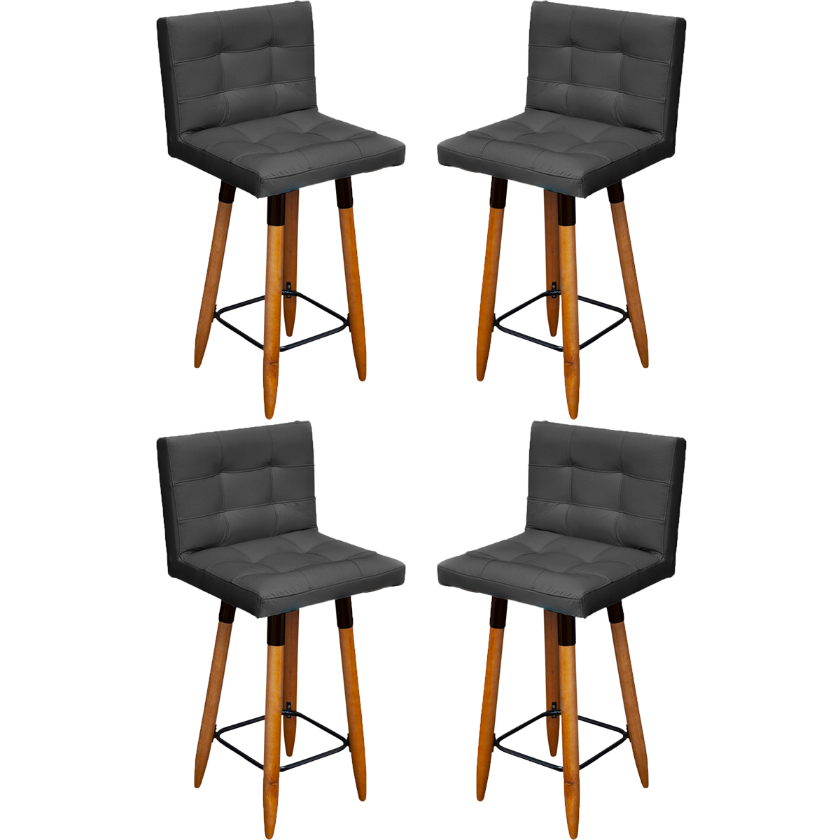 Kit 4 Banquetas Grace Alta Para Areá Gourmet Corino Preto Pé Castanho - Clique E Decore
