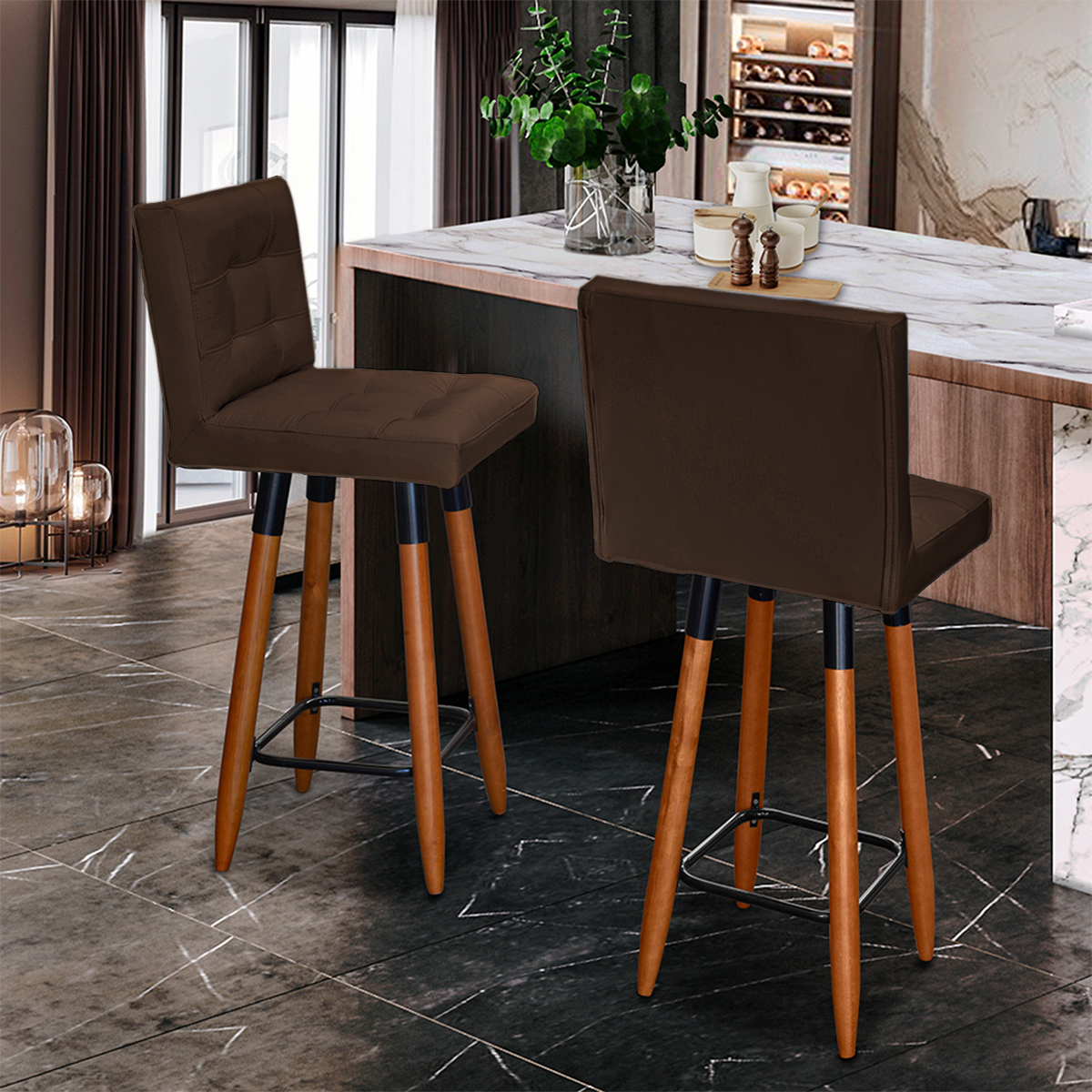 Kit 4 Banquetas Grace Alta Para Areá Gourmet E Balcão Área Gourmet Corino Marrom Pé Castanho - Clique E Decore