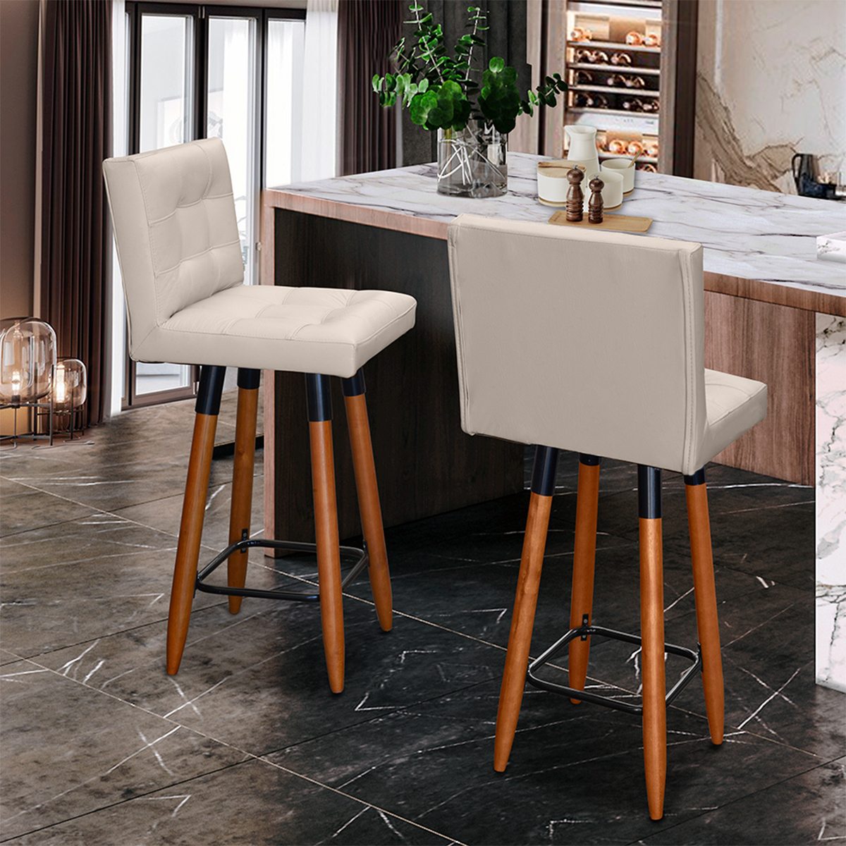 Kit 4 Banquetas Grace Alta Para Areá Gourmet E Balcão Área Gourmetcorino Bege Pé Castanho - Clique E Decore