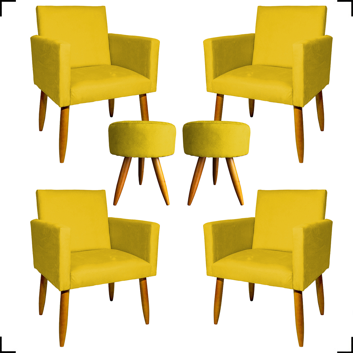 Kit 4 Poltronas Decorativas Para Sala Nina + 2 Puff Redondo Suede Amarelo Pé Castanho - Clique E Decore