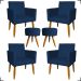 Kit 4 Poltronas Decorativas Para Sala Nina + 2 Puff Redondo Suede Azul Marinho Pé Castanho - Clique E Decore
