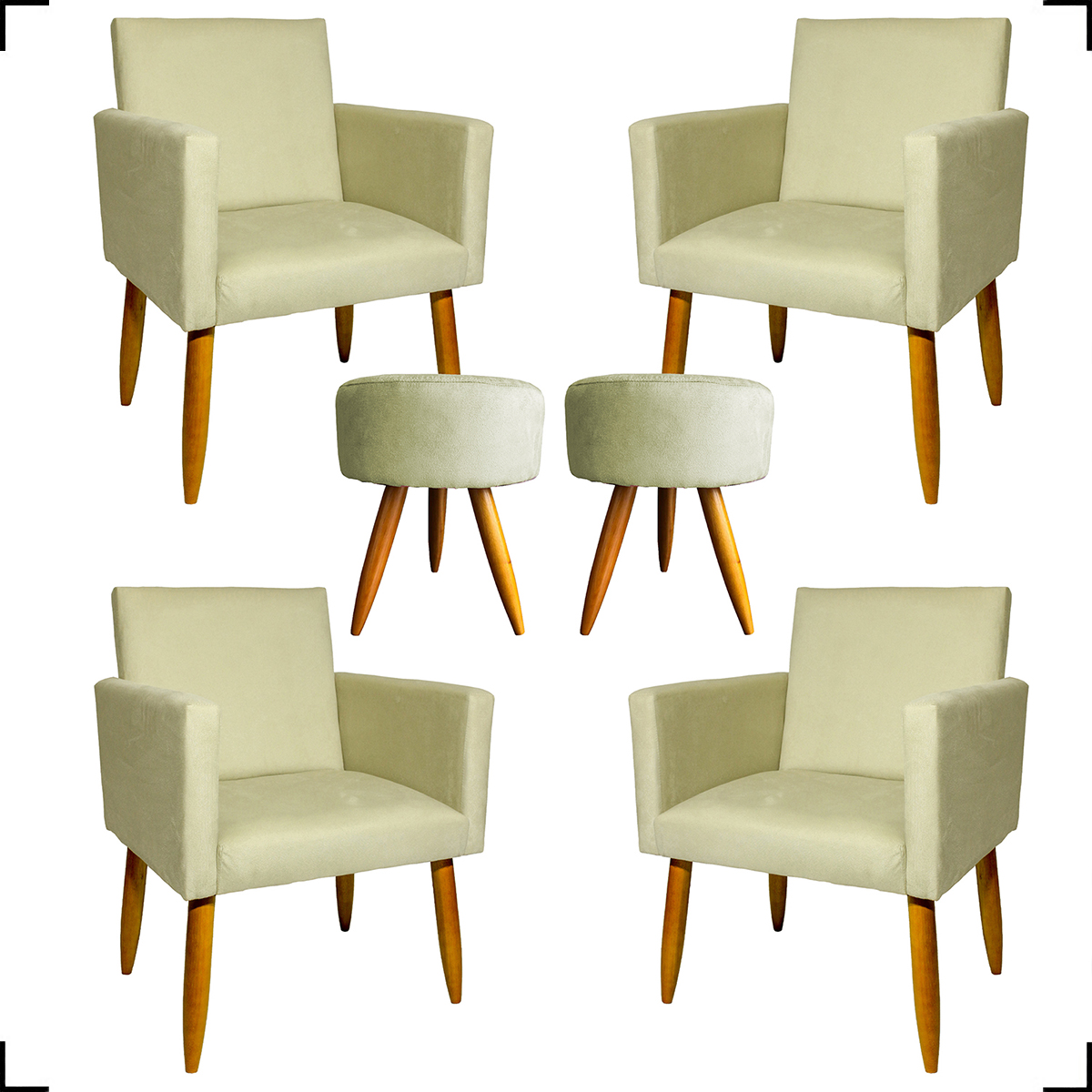 Kit 4 Poltronas Decorativas Para Sala Nina + 2 Puff Redondo Suede Bege Pé Castanho - Clique E Decore