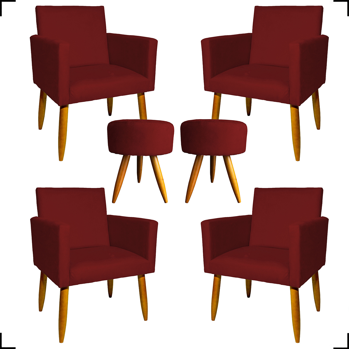 Kit 4 Poltronas Decorativas Para Sala Nina + 2 Puff Redondo Suede Bordô Pé Castanho - Clique E Decore