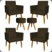 Kit 4 Poltronas Decorativas Para Sala Nina + 2 Puff Redondo Suede Marrom Pé Castanho - Clique E Decore